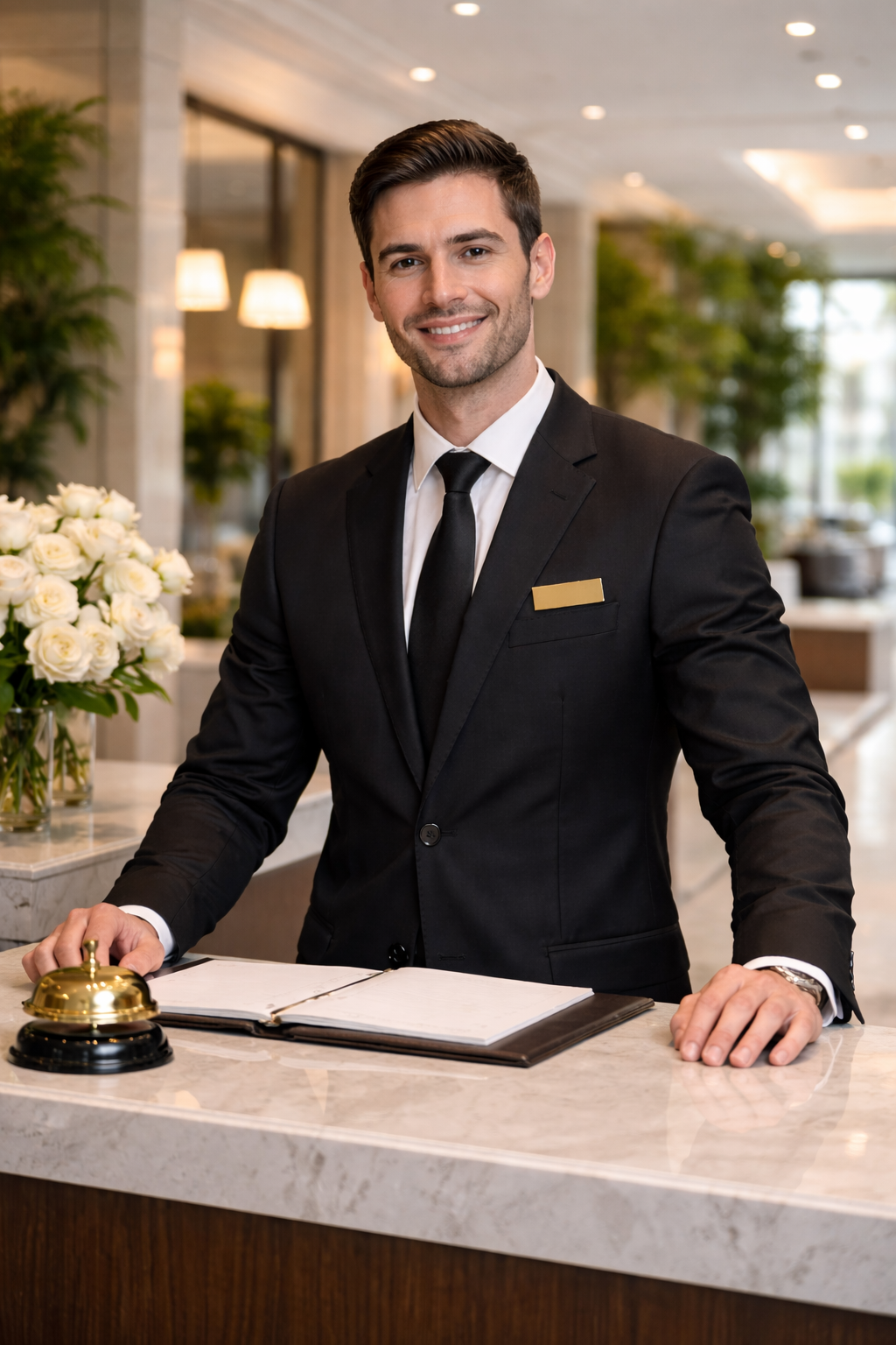 Concierge welcoming visitors at a residential front desk